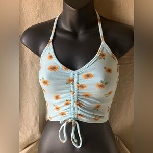 Hollister Halter Top Tank Shirt Sunflower Gatherd Front Built In Bra Lined Small
